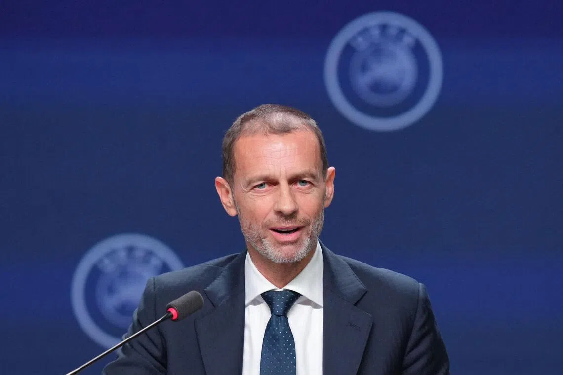 UEFA president Aleksander Ceferin addressing a press conference at the 50th UEFA Ordinary Congress in Brussels on Feb 12.
