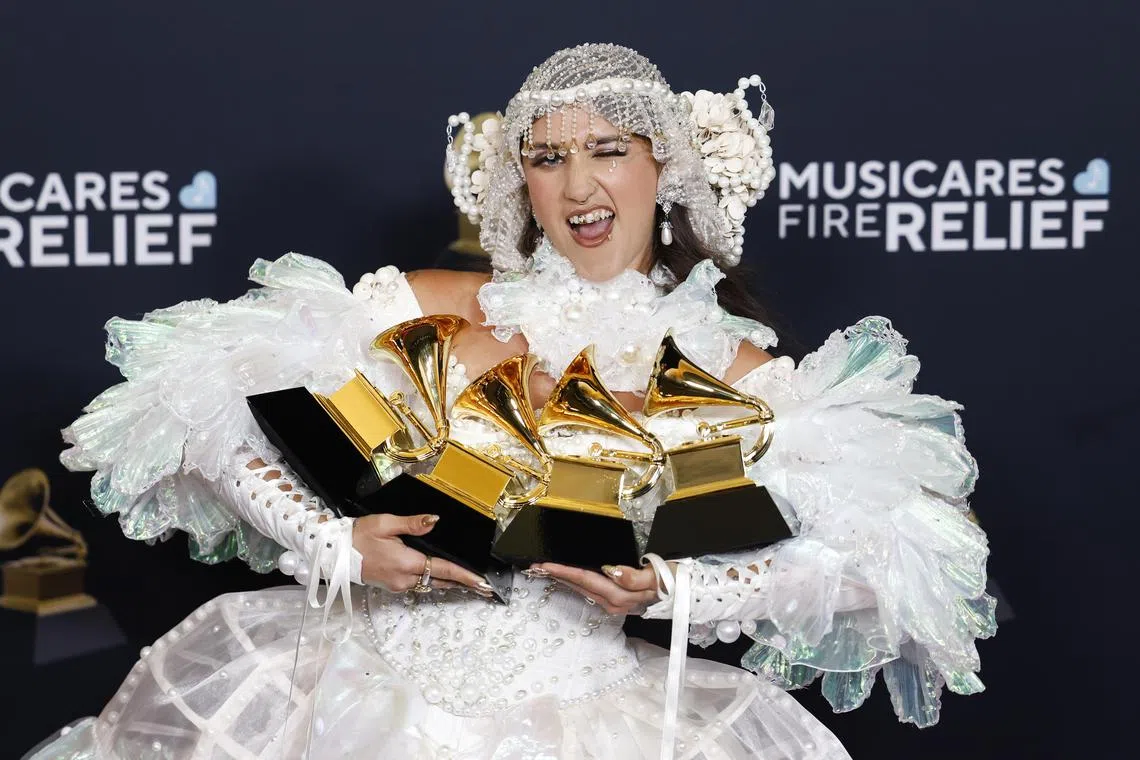 epa11871234 Sierra Ferrell, winner of the Best American Roots Performance Award, Best Americana Performance Award, Best American Roots Song Award and Best Americana Album Award poses in the press room during the 67th annual Grammy Awards ceremony at Crypto.com Arena in Los Angeles, California, USA, 02 February 2025.  EPA-EFE/CAROLINE BREHMAN