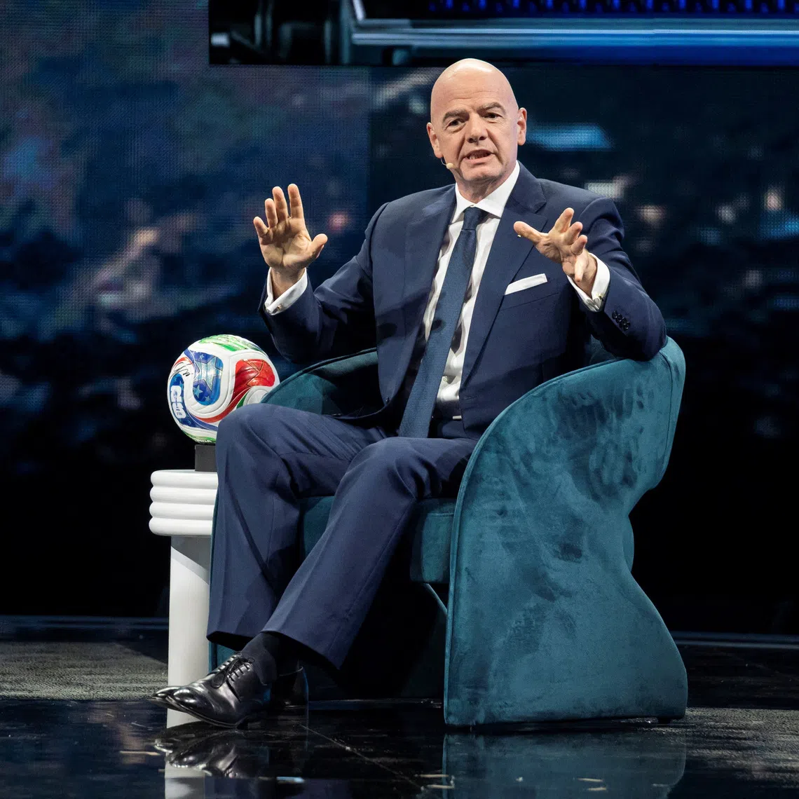 FIFA President Gianni Infantino speaks during the America Business Forum at Kaseya Center in Miami, Florida, U.S. November 5, 2025. REUTERS/Marco Bello