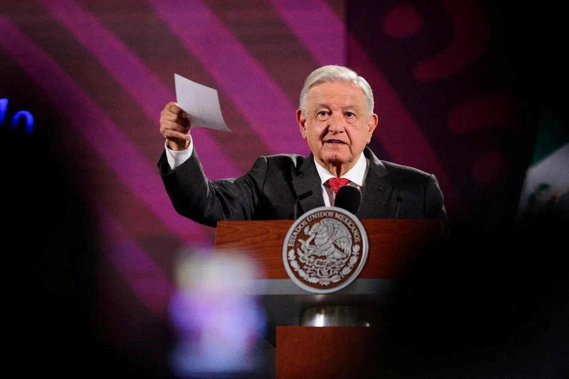 FILE PHOTO: Mexican President Andres Manuel Lopez Obrador speaks about a statement from the U.S. Ambassador Ken Salazar to Mexico about a proposed judicial reform was disrespectful and said the U.S. had a history of \"interventionist policy\" in the Americas, during a press conference at the National Palace, in Mexico City, Mexico in this photo release August 23, 2024 and distributed by Mexico Presidency/Handout via REUTERS/File Photo