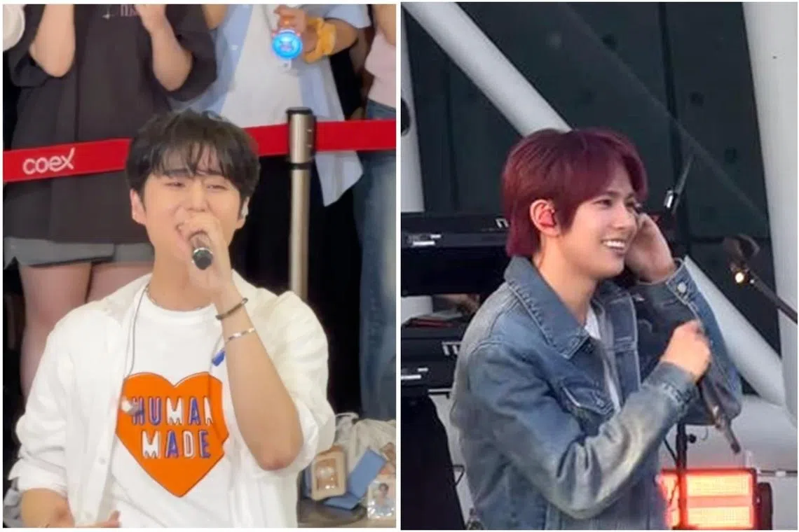 Day6’s Young K (left) performing at Coex Mall in Seoul on July 26. K-pop artiste Evan during a street performance event at Yeouido Hangang Park on June 26.