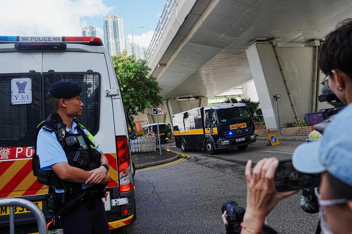 A prison van believed to be carrying Jimmy Lai arrives at the West Kowloon Magistrates' Courts building for the closing submissions in the national security collusion trial of Jimmy Lai, founder of the now-defunct pro-democracy newspaper Apple Daily, in Hong Kong, China, August 15, 2025. REUTERS/Lam Yik