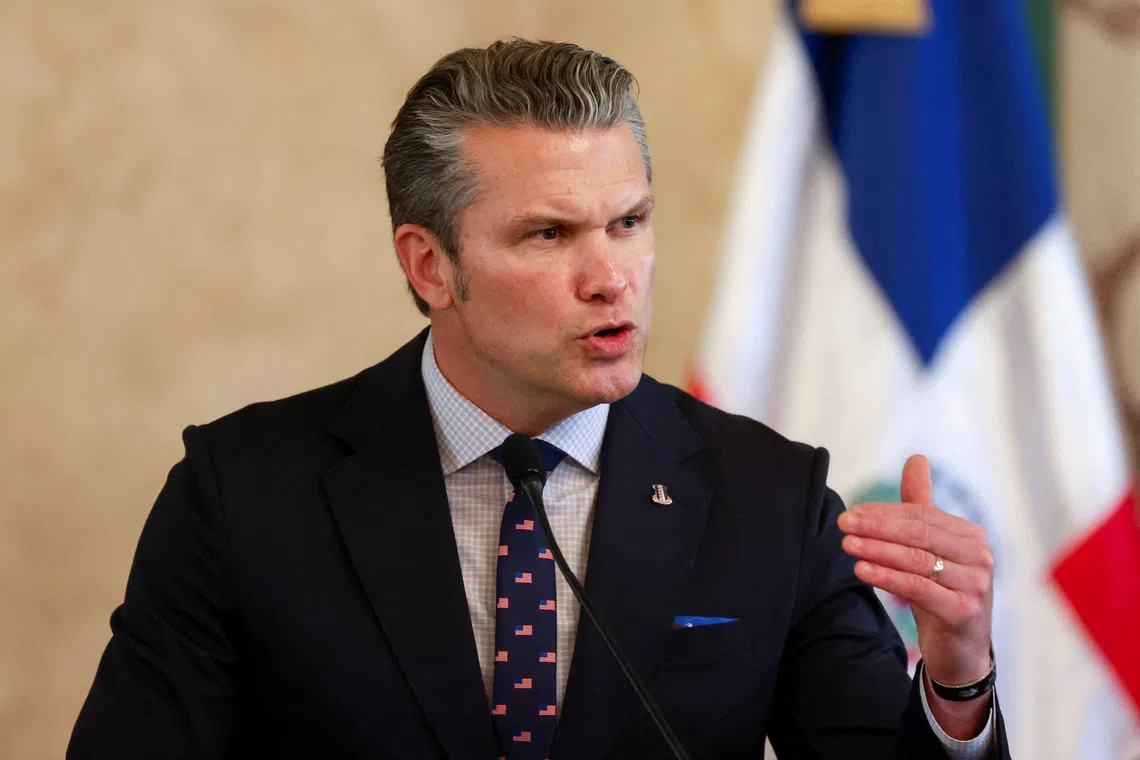 U.S. Secretary of Defense Pete Hegseth speaks during a meeting with Dominican Republic President Luis Abinader at the National Palace, in Santo Domingo, Dominican Republic November 26, 2025. REUTERS/Erika Santelices