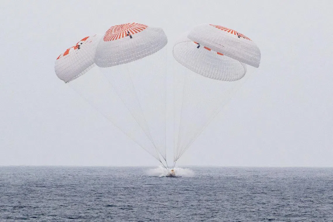 US astronauts Anne McClain and Nichole Ayers, Japan’s Takuya Onishi and Russian cosmonaut Kirill Peskov splash down after nearly five months aboard the International Space Station.
