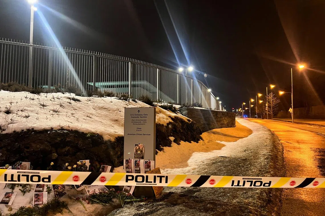 The area outside US embassy is cordoned off, after the Norwegian police said that the embassy was hit by a loud explosion, in Oslo, Norway, on March 8.