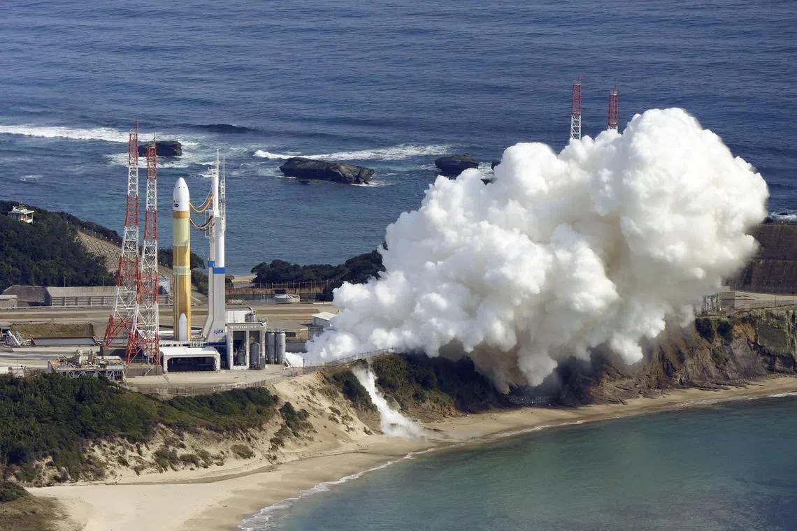An aerial view shows an H3 rocket carrying a land observation satellite fails to lift off after apparent engine failure at the Tanegashima Space Center in Kagoshima Prefecture, southwestern Japan February 17, 2023, in this photo taken by Kyodo.  Mandatory credit Kyodo via REUTERS ATTENTION EDITORS - THIS IMAGE WAS PROVIDED BY A THIRD PARTY. MANDATORY CREDIT. JAPAN OUT. NO COMMERCIAL OR EDITORIAL SALES IN JAPAN