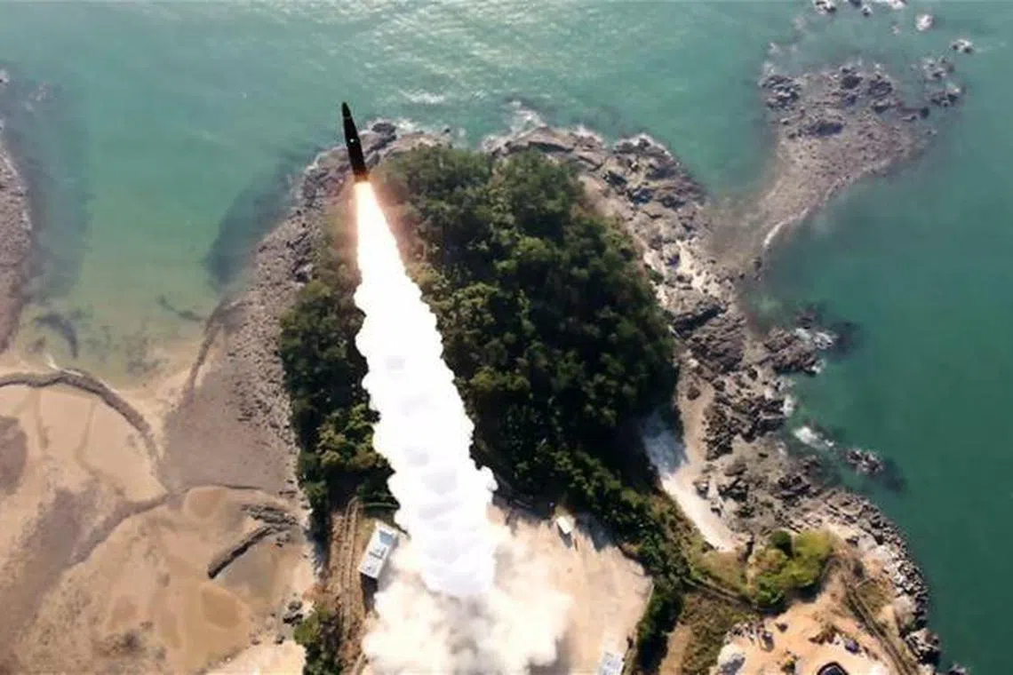 epa11709017 An undated handout photo made available by the South Korean Joint Chiefs of Staff shows a Hyunmoo-II surface-to-surface missile being launched during a live-fire drill at an undisclosed location in South Korea (issued 08 November 2024).  EPA-EFE/ROK Joint Chiefs of Staff / HANDOUT SOUTH KOREA OUTHANDOUT EDITORIAL USE ONLY/NO SALES