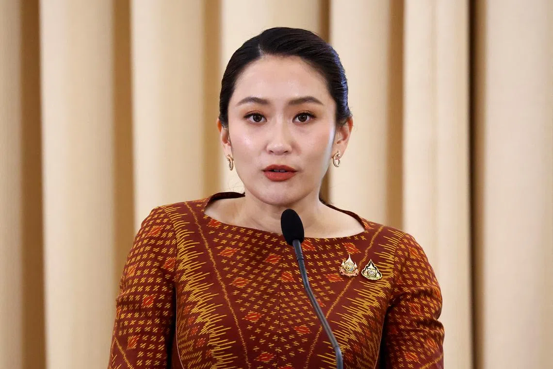 FILE PHOTO: Thailand's Prime Minister Paetongtarn Shinawatra speaks during a press conference at the Government House, in Bangkok, Thailand, April 3, 2025. REUTERS/Athit Perawongmetha/File Photo