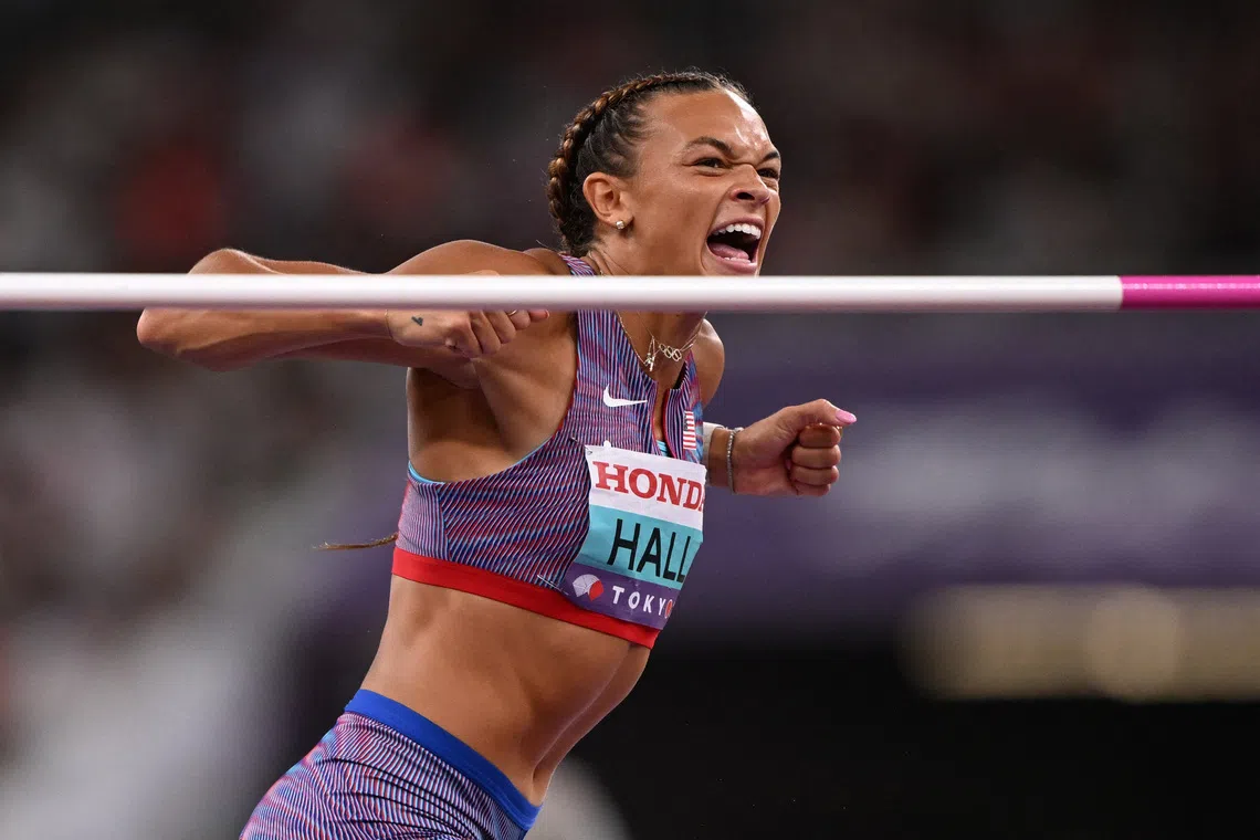 World Athletics Championships Tokyo 2025 - Women's High Jump Heptathlon Groups A & B - Japan National Stadium, Tokyo, Japan - September 19, 2025 Anna Hall of the U.S reacts during the high jump REUTERS/Dylan Martinez