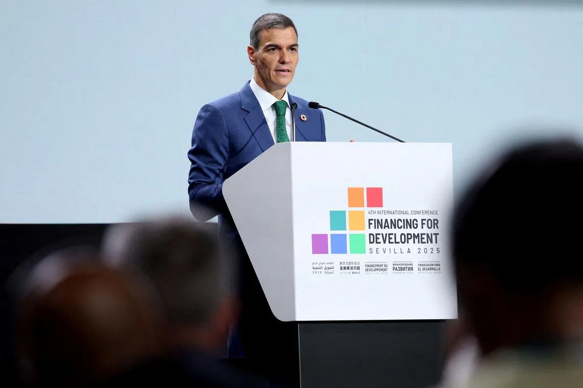 Spanish Prime Minister Pedro Sanchez delivering a speech at the United Nations 4th International Conference on Financing and Development in Seville on July 3.