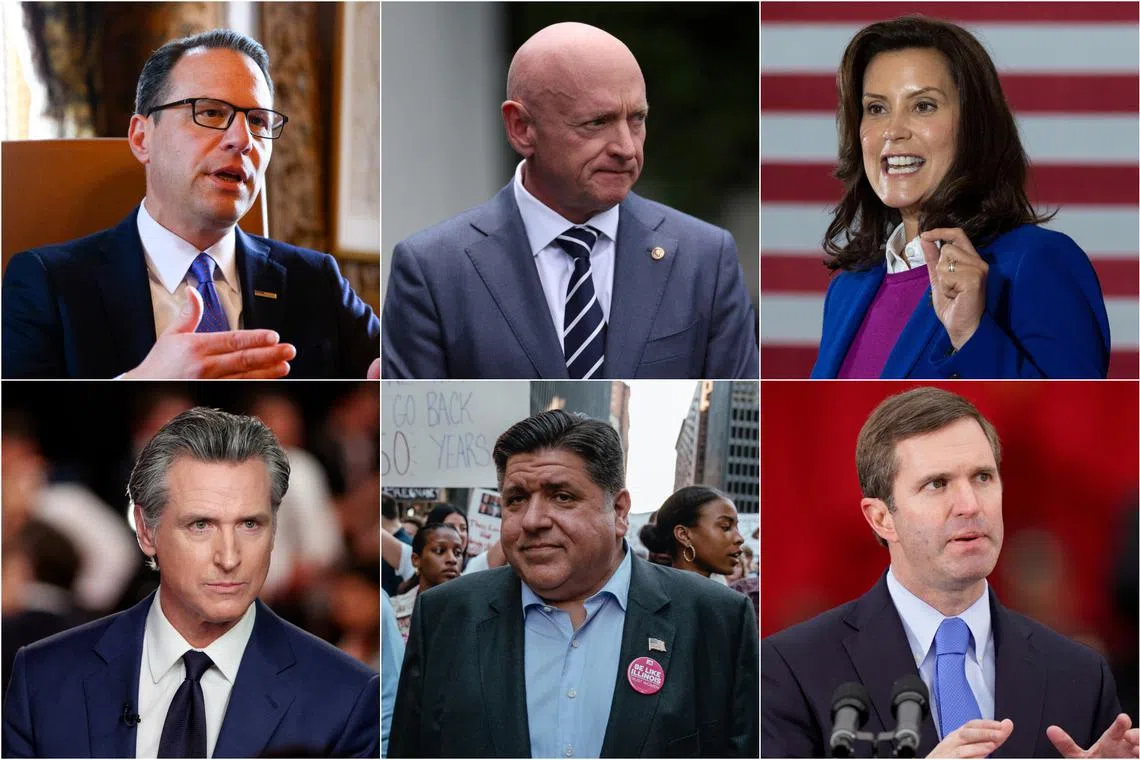 (Clockwise from top left) Mr Josh Shapiro, Mr Mark Kelly, Ms Gretchen Whitmer, Mr Andy Beshear, Mr J.B. Pritzker, Mr Gavin Newsom.