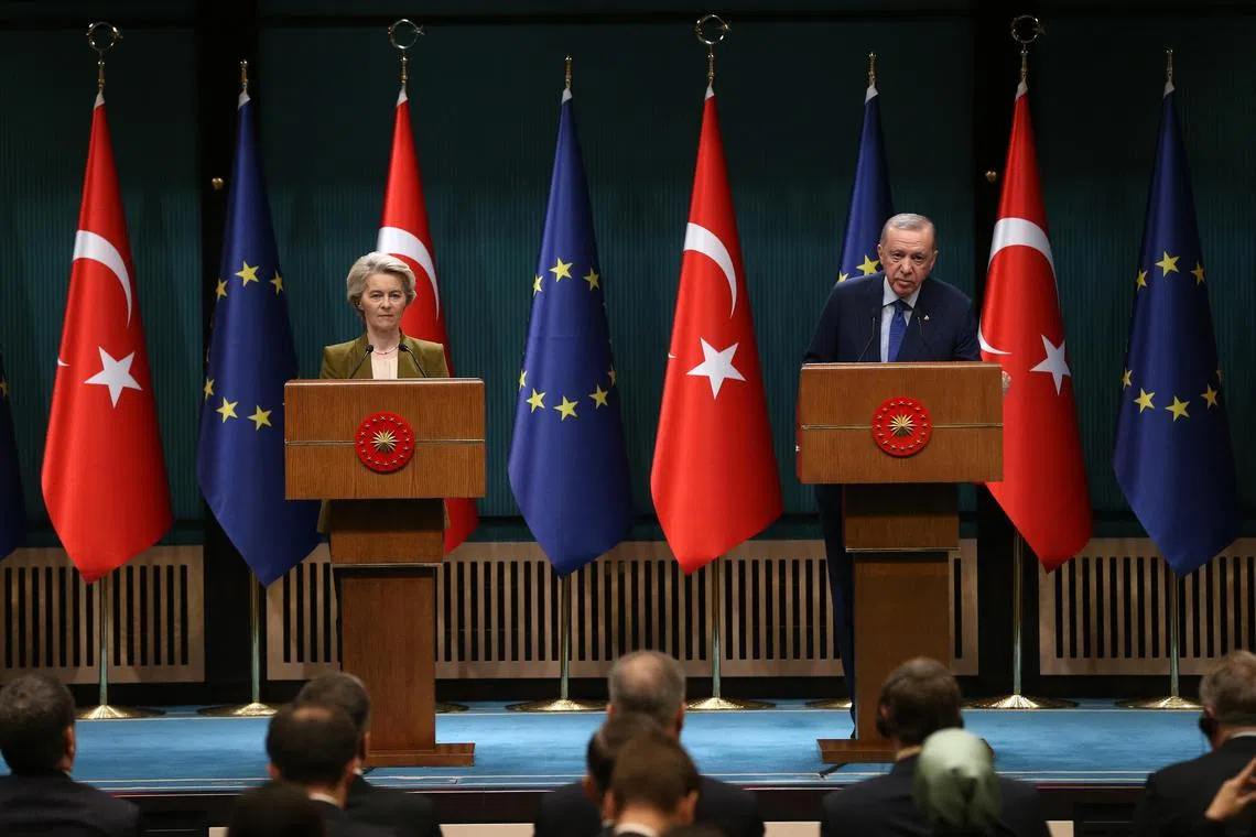 European Commission President Ursula Von der Leyen (left) and Turkish President Recep Tayyip Erdogan giving a press briefing after their meeting in Ankara, on Dec 17.
