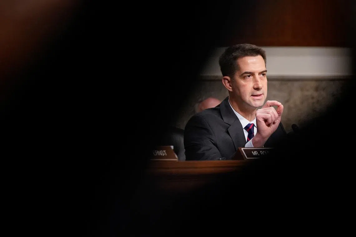 FILE PHOTO: U.S. Senator Tom Cotton (R-AR), a member of the U.S. Senate Armed Services Committee, attends a confirmation hearing of retired U.S. Lt. Gen. John Daniel Caine, U.S. President Donald Trump's nominee to be the next chairman of the Joint Chiefs of Staff, on Capitol Hill in Washington, D.C., U.S., April 1, 2025. REUTERS/Nathan Howard