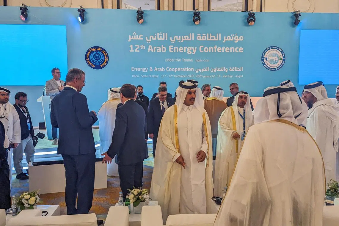Officials including energy ministers of several Arab countries attend the 12th Arab Energy Conference at the Ritz-Carlton in Doha, Qatar, December 11, 2023. REUTERS/Yousef Saba