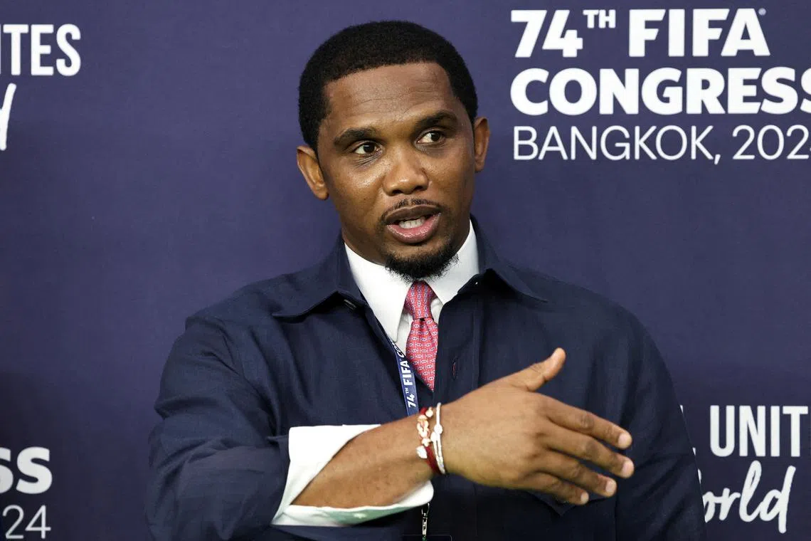 FILE PHOTO: President of the Cameroonian Football Federation and former professional footballer Samuel Eto'o speaks on the day of the 74th FIFA Congress at the Queen Sirikit National Convention Center, in Bangkok, Thailand, May 17, 2024. REUTERS/Athit Perawongmetha,/File Photo