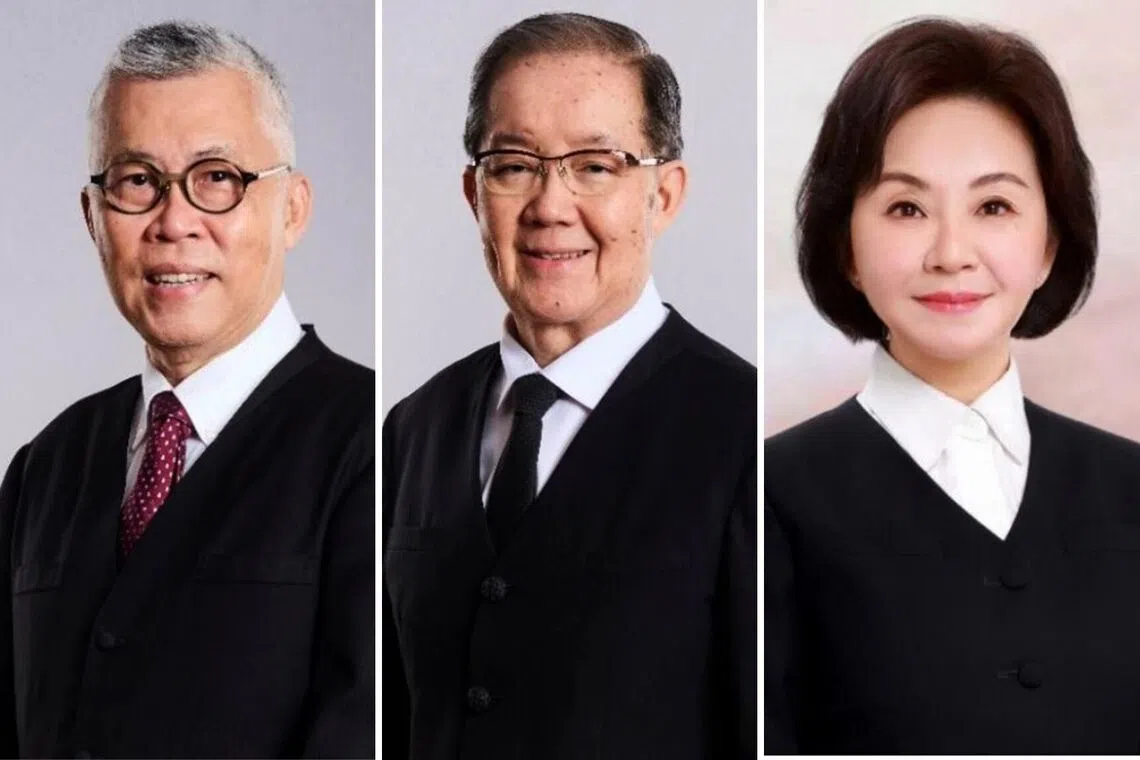 (From left) Justices Steven Chong Horng Siong and Tay Yong Kwang will be retiring in September. Justice Teh Hwee Hwee will continue as presiding judge of the Family Justice Courts for another three years from Oct 1.