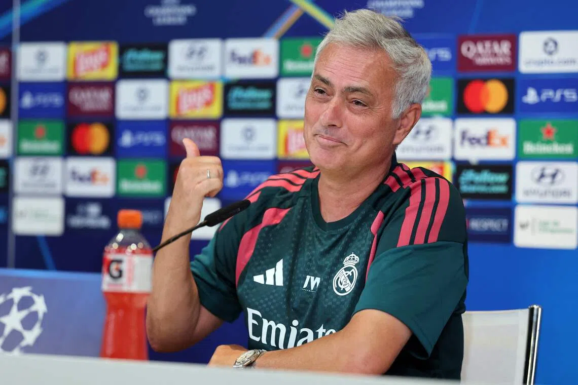 Real Madrid's Portuguese coach Jose Mourinho gives a press conference at the Ciudad Real Madrid training ground in Madrid on September 7, 2026 ahead of the UEFA Champions League first round day 1 football match between Real Madrid and Inter Milan.