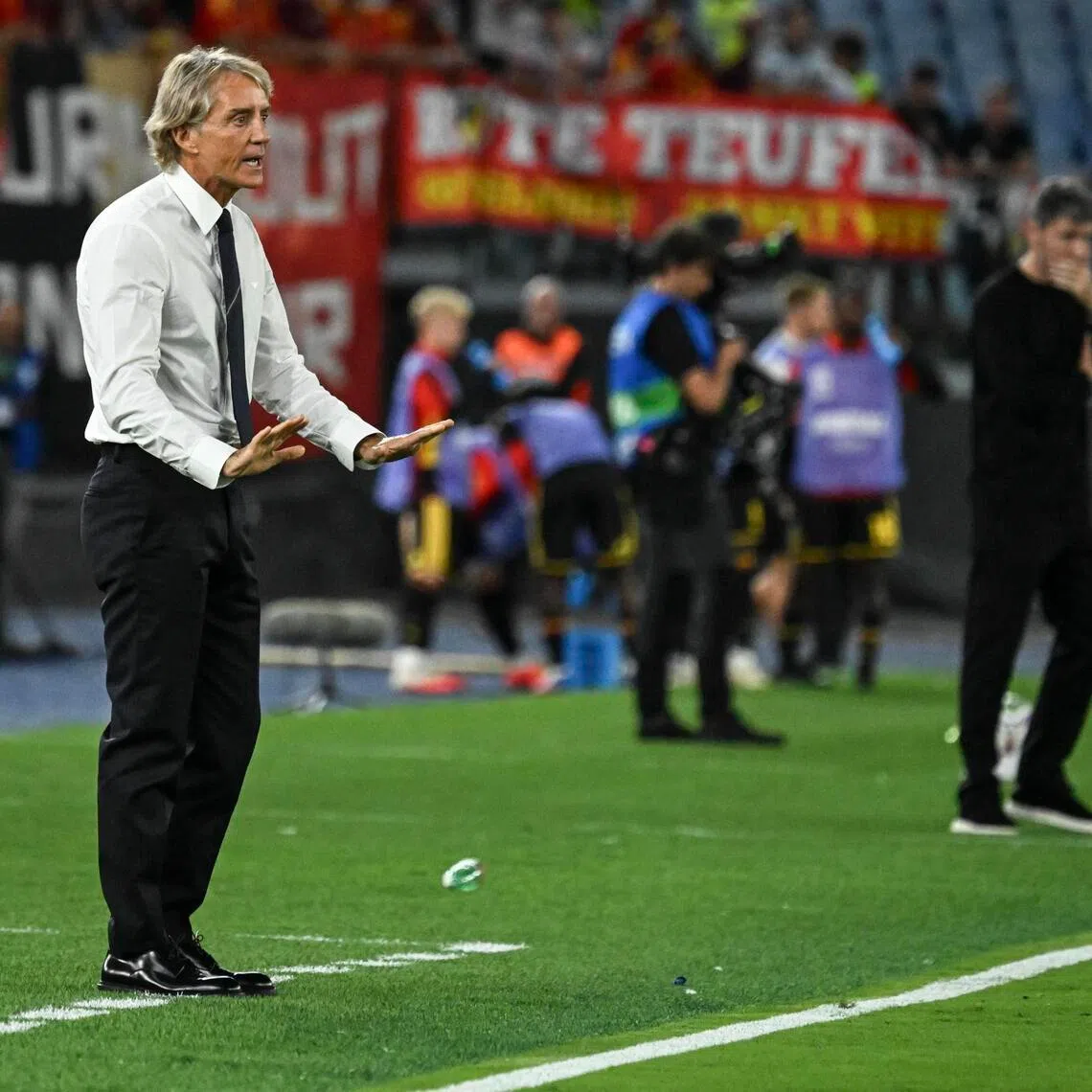 Italy’s coach Roberto Mancini reacting during the 2-0 Nations League loss to Belgium at the Stadio Olimpico in Rome on Sept 25.