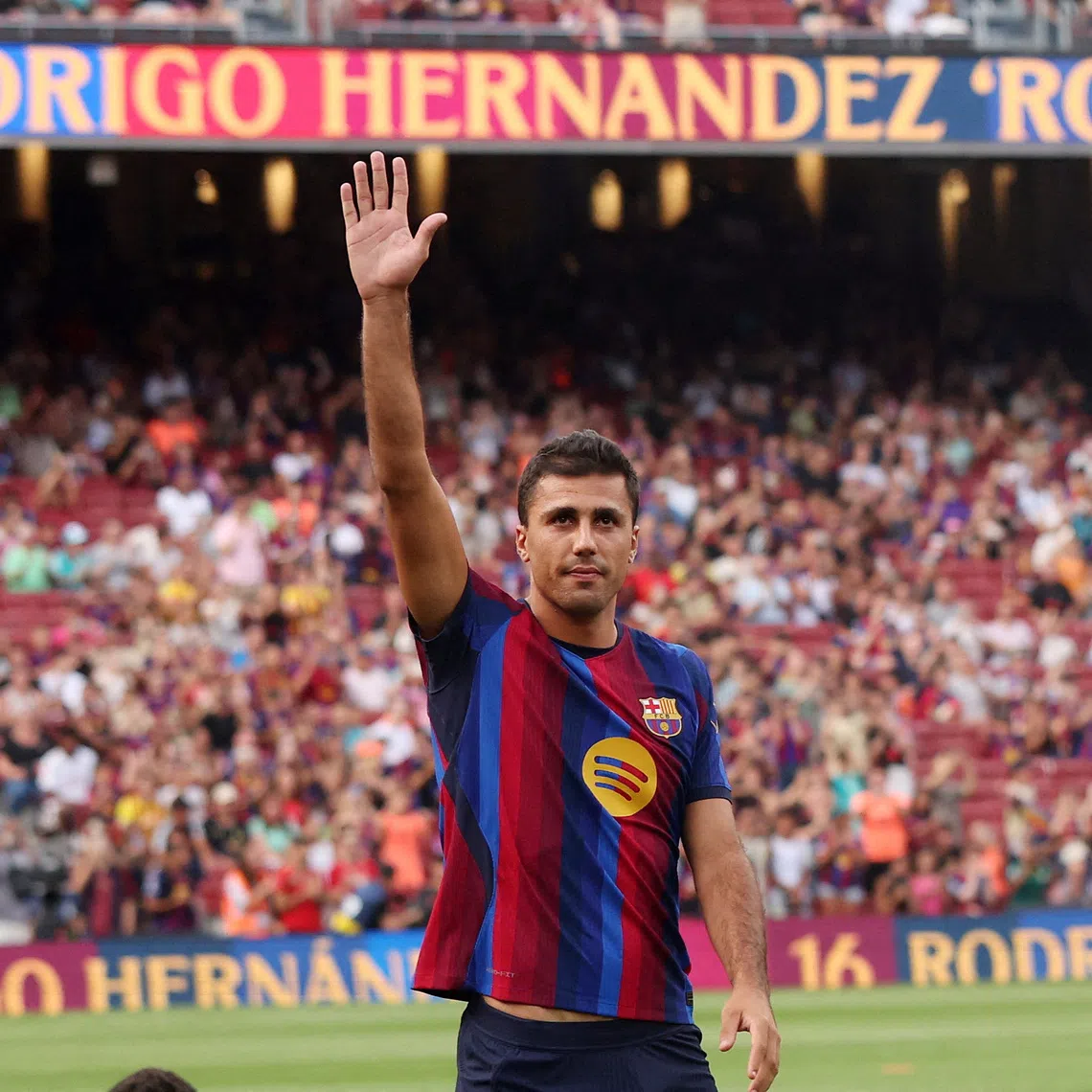 Barcelona’s Rodri is introduced in front of fans before a pre-season friendly match against Al Ahly on Aug 19.