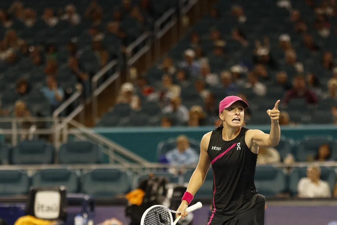 Mar 24, 2024; Miami Gardens, FL, USA; Iga Swiatek (POL) celebrates after match point against Linda Noskova (CZE) (not pictured) on day seven of the Miami Open at Hard Rock Stadium. Mandatory Credit: Geoff Burke-USA TODAY Sports