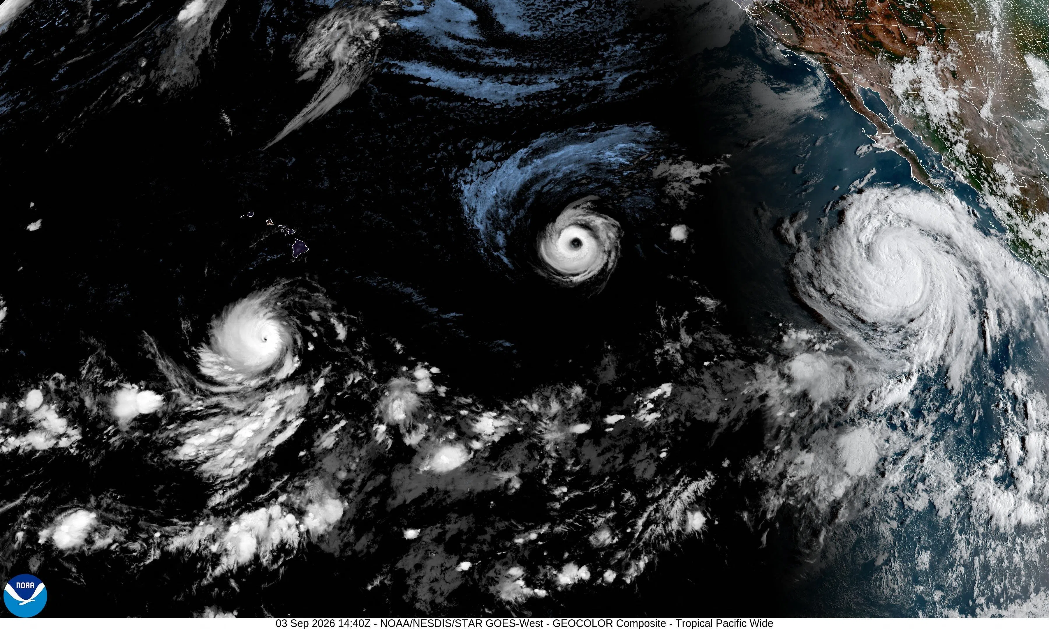 This handout satellite image obtained from the National Oceanic and Atmospheric Administration (NOAA)/GOES shows Hurricane Lowell (L), Hurricane Karina (C), and a Hurricane Marie (R) over the Pacific Ocean on September 3, 2026, at 14:00 UTC. A rare trio of hurricanes were churning through the Pacific Ocean on September 3, 2026, which scientists attributed to waters warmed by a historically strong El Nino phenomenon. Tropical Storm Marie strengthened into a hurricane late Wednesday off the coast of Baja California, lining up behind Hurricanes Karina and Lowell -- both rated as major Category 4 -- which were making their way westward across the Pacific. (Photo by Handout / NOAA / AFP) / RESTRICTED TO EDITORIAL USE - MANDATORY CREDIT "AFP PHOTO / NOAA / GOES" - NO MARKETING NO ADVERTISING CAMPAIGNS - DISTRIBUTED AS A SERVICE TO CLIENTS