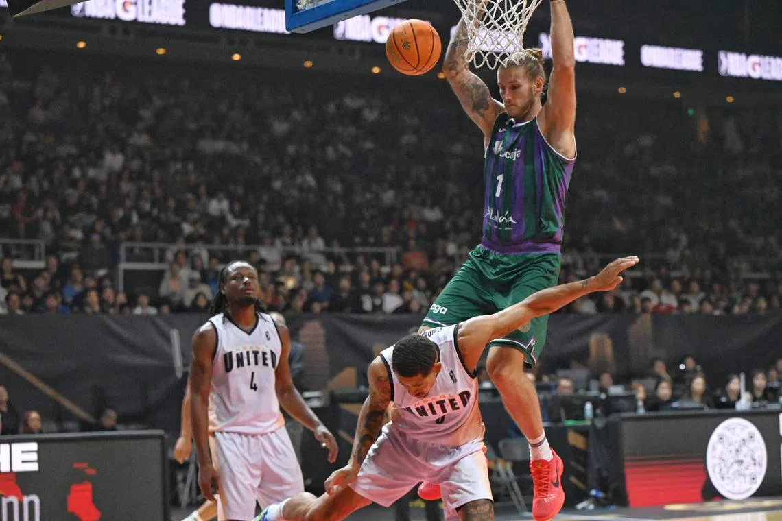 Unicaja?s centre Dylan Osetkowski ( green top) in action against NBA G League United (USA). He was awarded the Most Valuable Player during the finals of the FIBA Intercontinental Cup 2024 on 15 September 2024 at Singapore Indoors Stadium