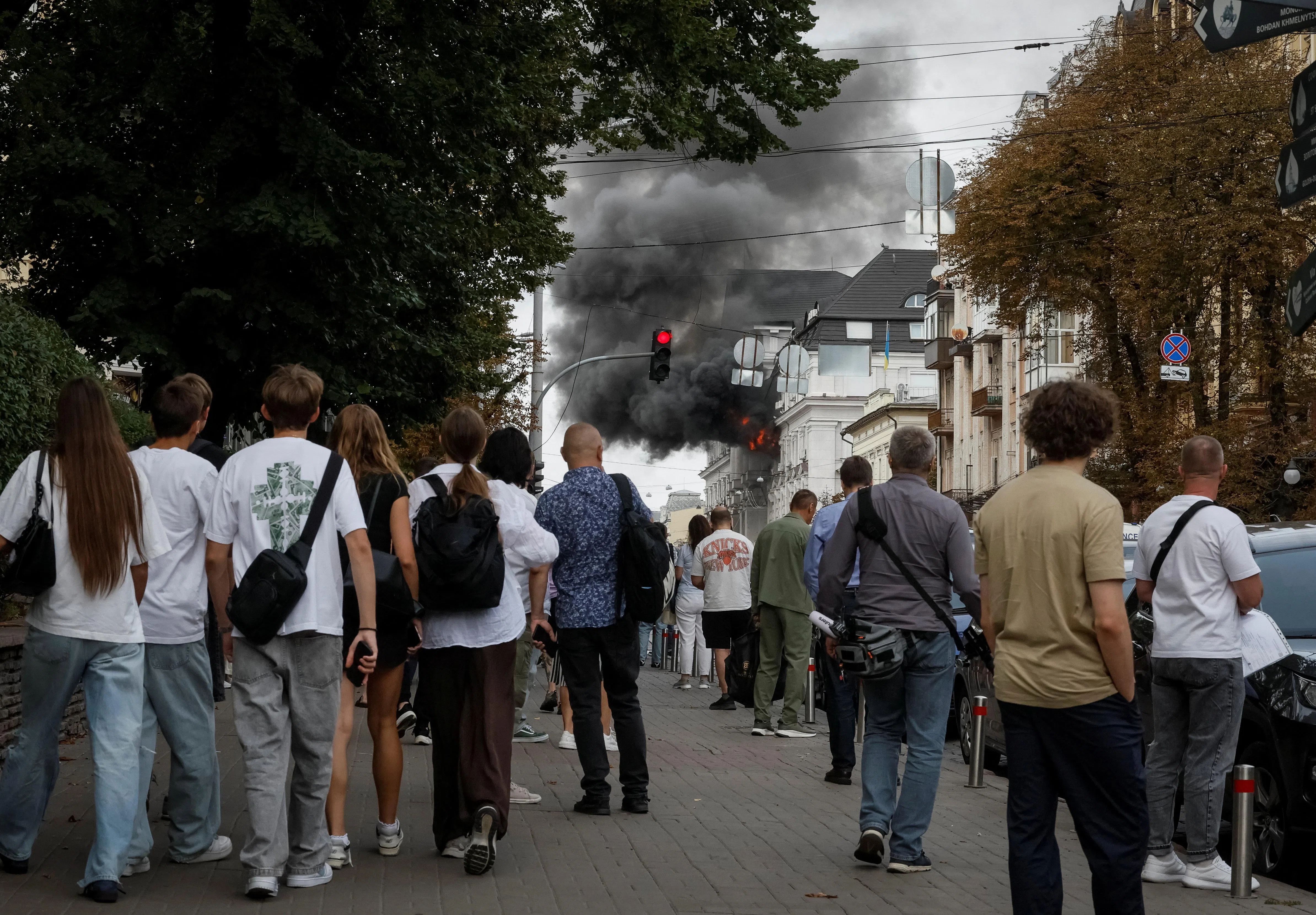 Smoke rising over the headquarters of Ukraine’s SBU security service after a Russian drone strike on Sept 4.