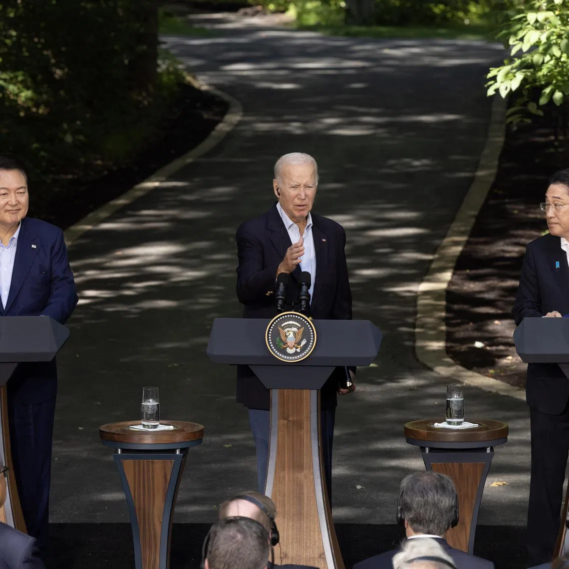 (From left) South Korean President Yoon Suk Yeol, US President Joe Biden and Japan's PM Kishida Fumio during the trilateral summit on Aug 18.