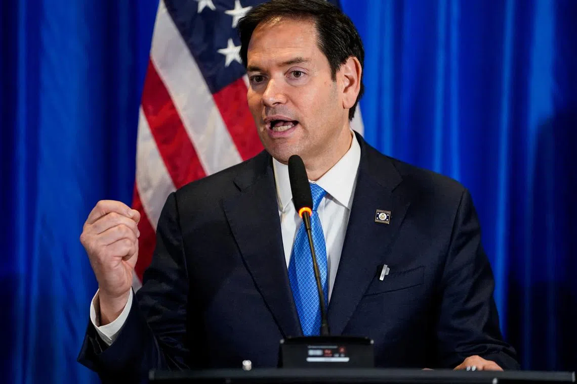 FILE PHOTO: U.S. Secretary of State Marco Rubio attends a press conference with Suriname's President Chan Santokh (not pictured), in Paramaribo, Suriname, March 27, 2025. REUTERS/Nathan Howard/Pool/File photo