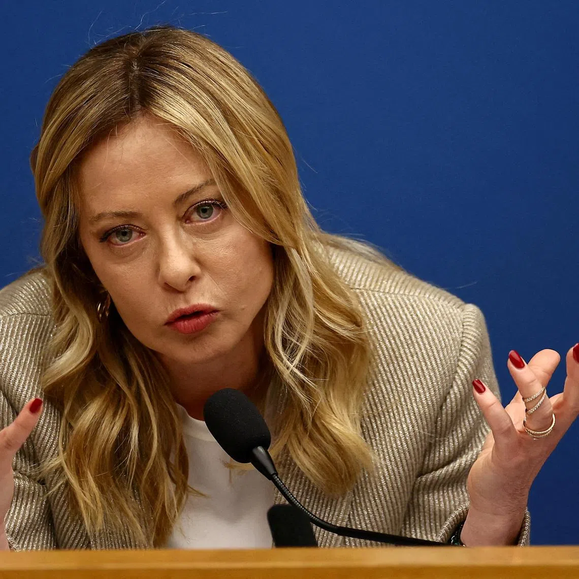 FILE PHOTO: Italy's Prime Minister Giorgia Meloni attends her end-of-year press conference in Rome, Italy, January 9, 2026. REUTERS/Vincenzo Livieri/File Photo