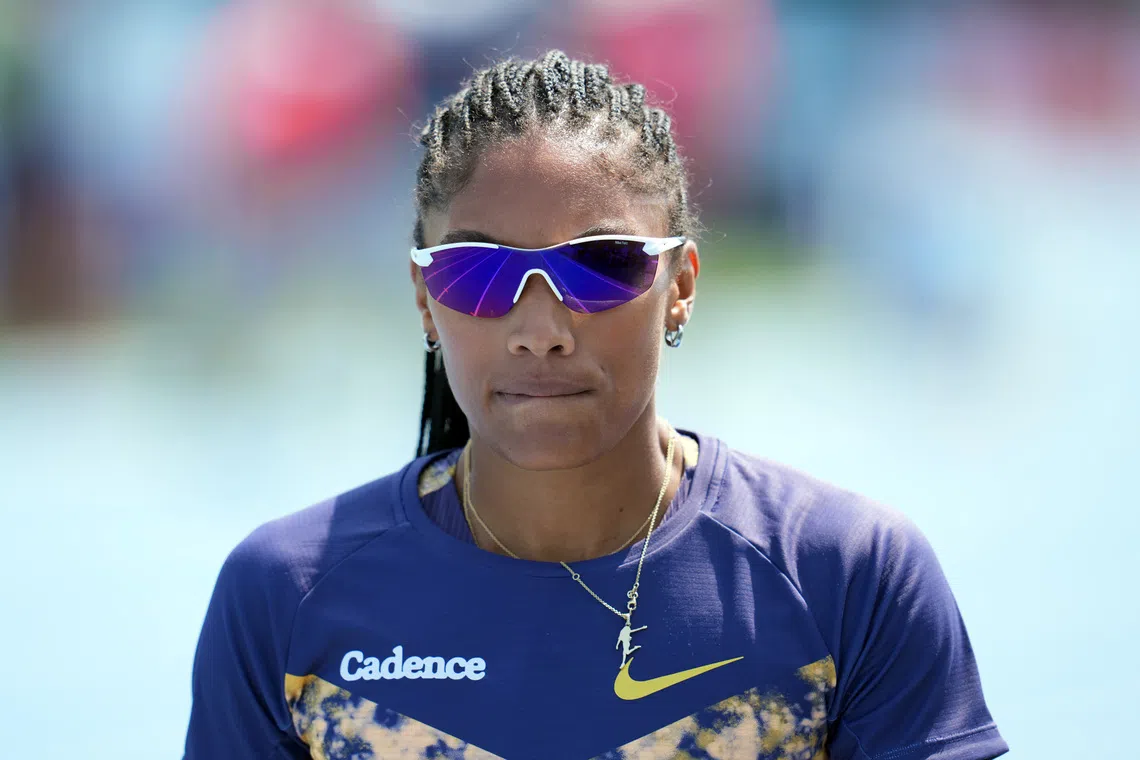 Jul 25, 2026; New York, NY, USA; The reflection of the track in the sunglasses of Tara Davis-Woodhall during the USATF Championships at Icahn Stadium. Mandatory Credit: Kirby Lee-Imagn Images
