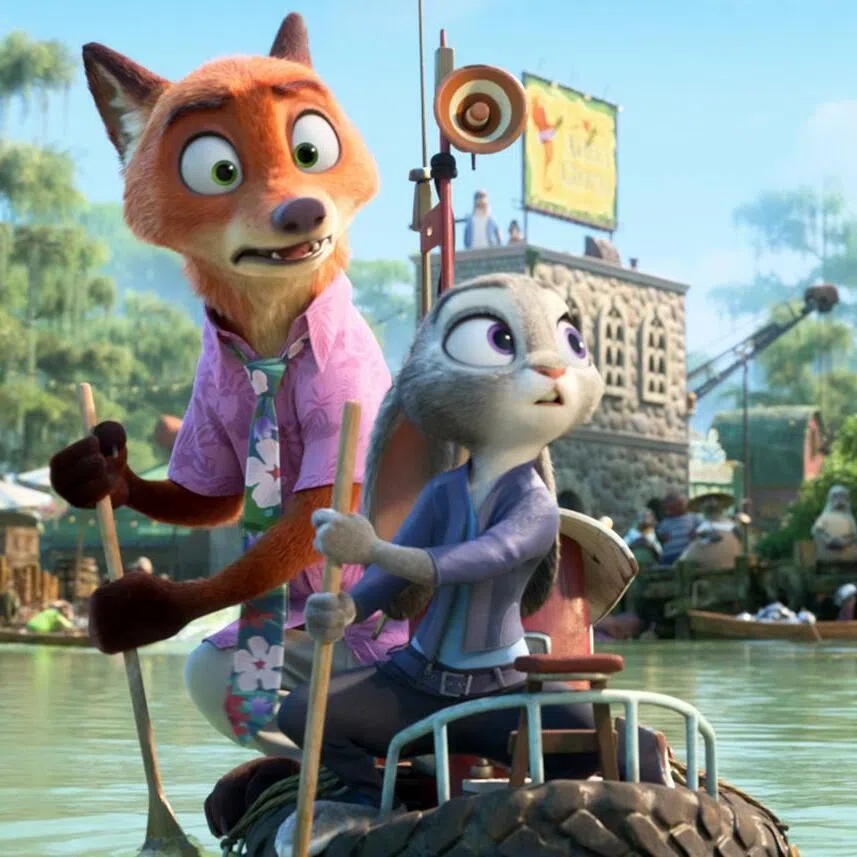 Characters Nick Wilde (voiced by Jason Bateman) and Judy Hopps (voiced by Ginnifer Goodwin) in a still from the movie Zootopia 2.