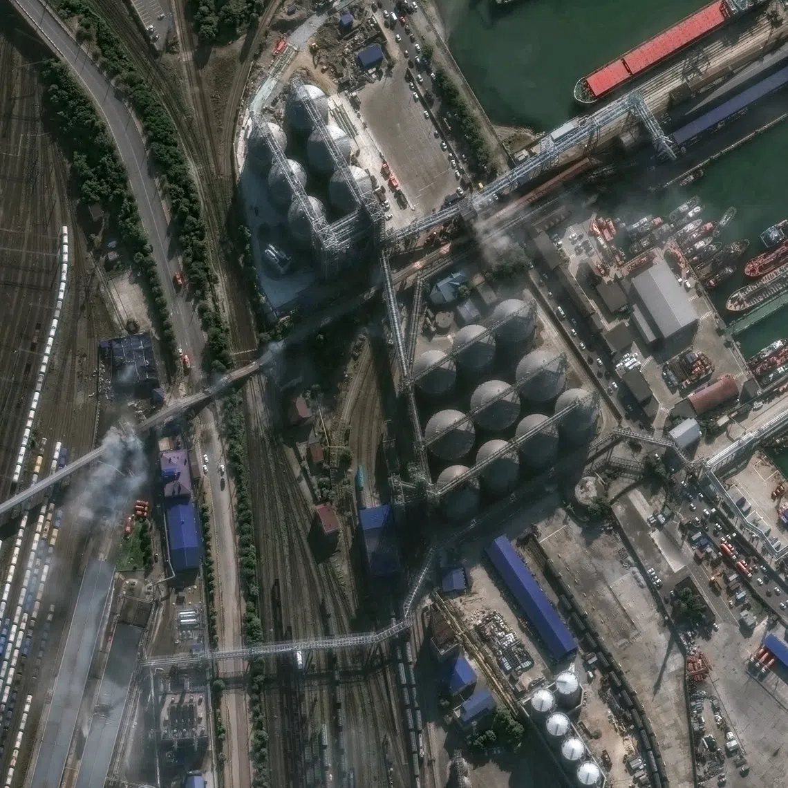 A satellite image shows damage to a grain conveyor, following a Ukrainian drone and missile attack, in Novorossiysk, Krasnodar region, Russia, on Aug 12.