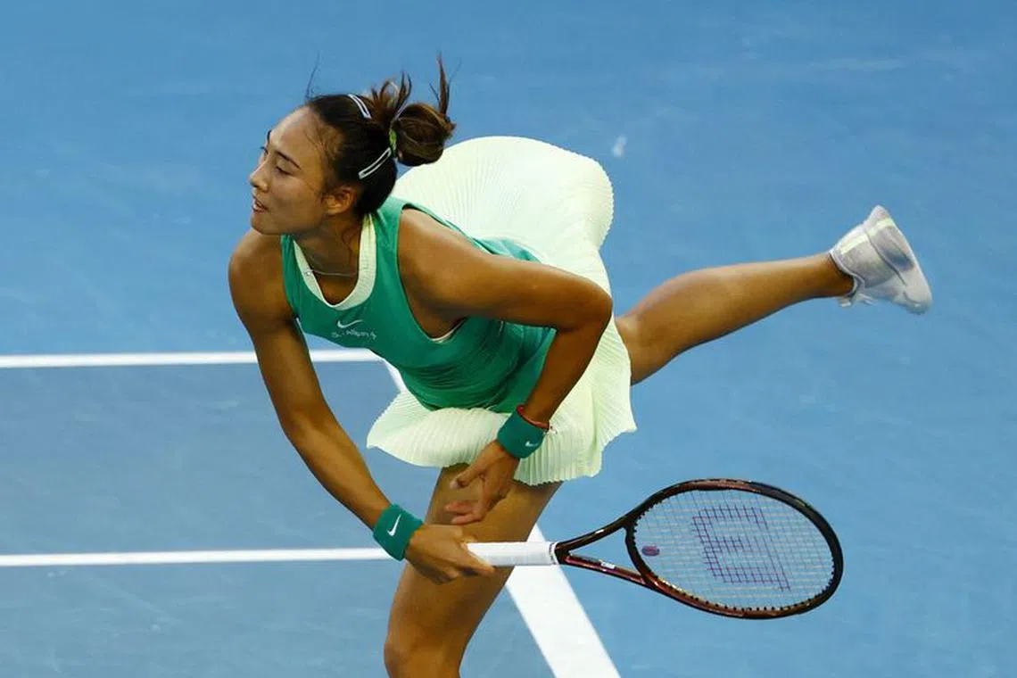 Tennis - Australian Open - Melbourne Park, Melbourne, Australia - January 24, 2024 China's Qinwen Zheng in action during her quarter final match against Russia's Anna Kalinskaya REUTERS/Issei Kato