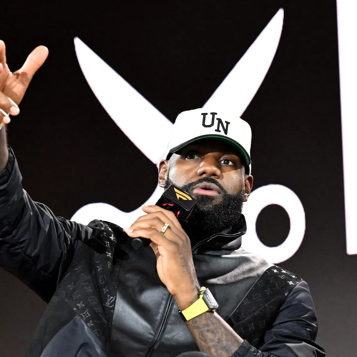 Los Angeles Lakers star LeBron James speaking onstage during Fanatics Fest NYC 2025 at Javits Center on June 21 in New York City.   