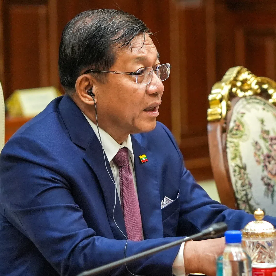 Myanmar's junta chief turned President Min Aung Hlaing speaks during a bilateral meeting with Cambodia's Senate President Hun Sen, in Phnom Penh, Cambodia, September 11, 2026. REUTERS/Soveit Yarn