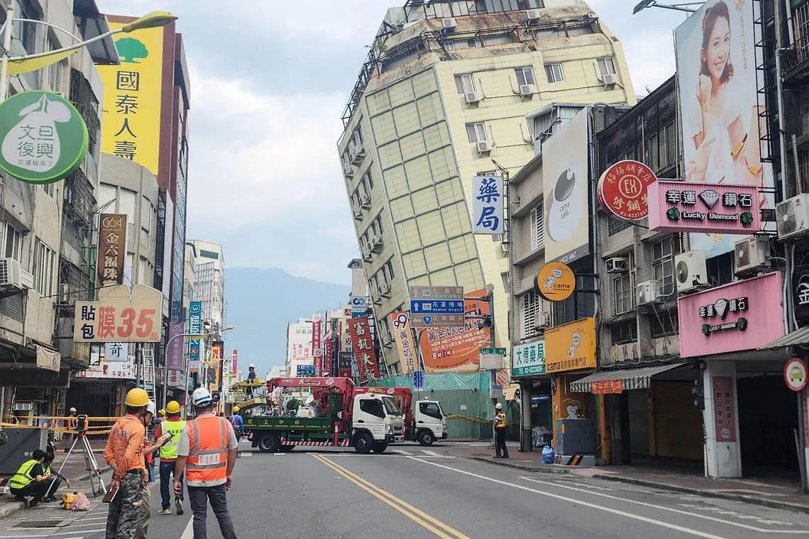 An April 23, 2024 photo shows the Full Hotel building in Hualien, which had been previously damaged in the April 3 earthquake, tilting further to one side after a series of overnight quakes.
