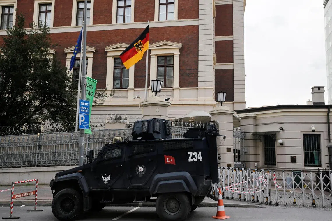 An armoured police vehicle is seen outside the German consulate in Turkey's Istanbul, after it was closed due to security concerns, on Feb 2, 2023.