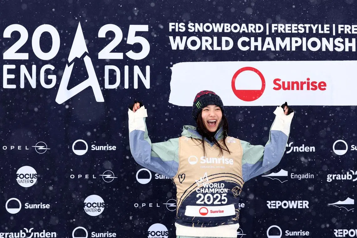 FILE PHOTO: Freestyle Skiing - FIS Freestyle World Championships - Women's Halfpipe - St Moritz, Switzerland - March 29, 2025 Gold medalist Chloe Kim of the U.S. celebrates on the podium during the medal ceremony REUTERS/Denis Balibouse/File Photo