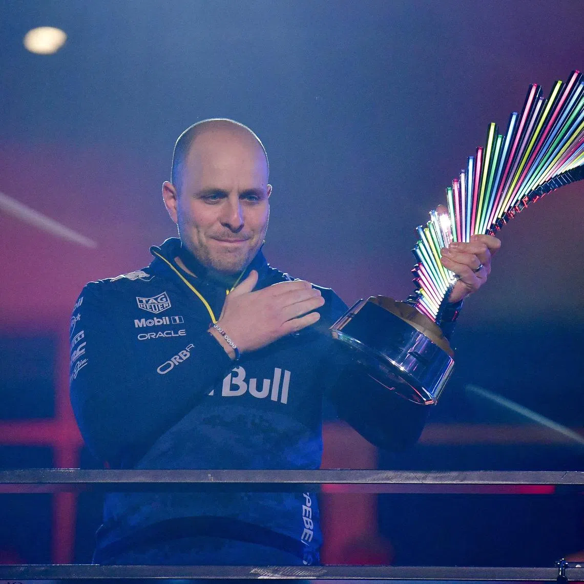 FILE PHOTO: Nov 21, 2025; Las Vegas, NV, USA; Red Bull Racing engineer Gianpiero Lambiase celebrates the team victory of the Las Vegas Grand Prix at Las Vegas Strip Circuit. Mandatory Credit: Gary A. Vasquez-Imagn Images/File Photo