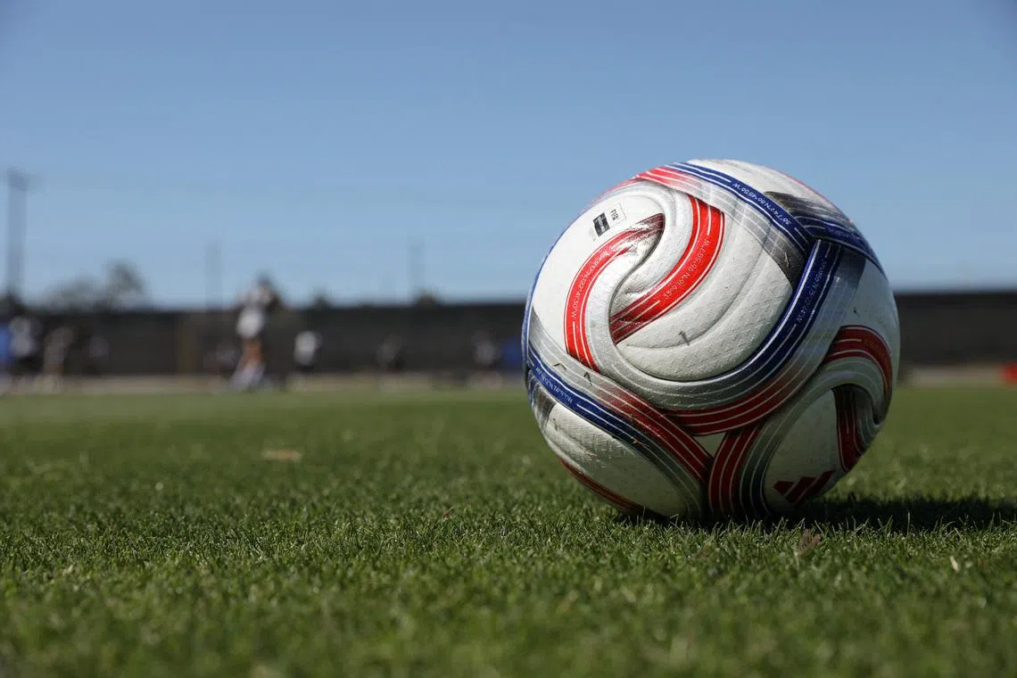 A soccer ball sits on a field during San Jose Earthquakes training in San Jose, California, U.S., June 29, 2026. REUTERS/Nathan Frandino