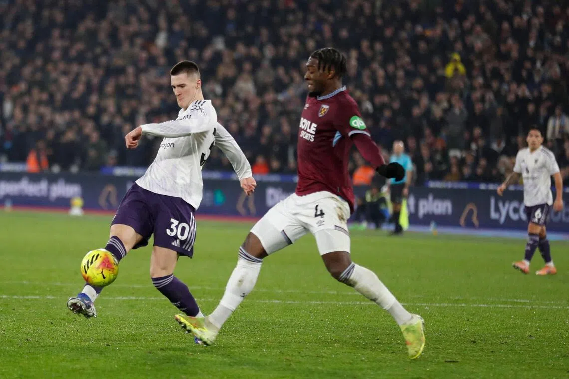 Manchester United's Slovenian striker Benjamin Sesko scoring a late equaliser in the 1-1 English Premier League draw against West Ham United at the London Stadium on Feb 10, 2026.
