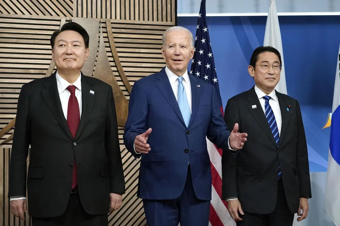 (From left) South Korean President Yoon Suk Yeol, US President Joe Biden and Japanese Prime Minister Fumio Kishida in San Francisco in November 2023.
