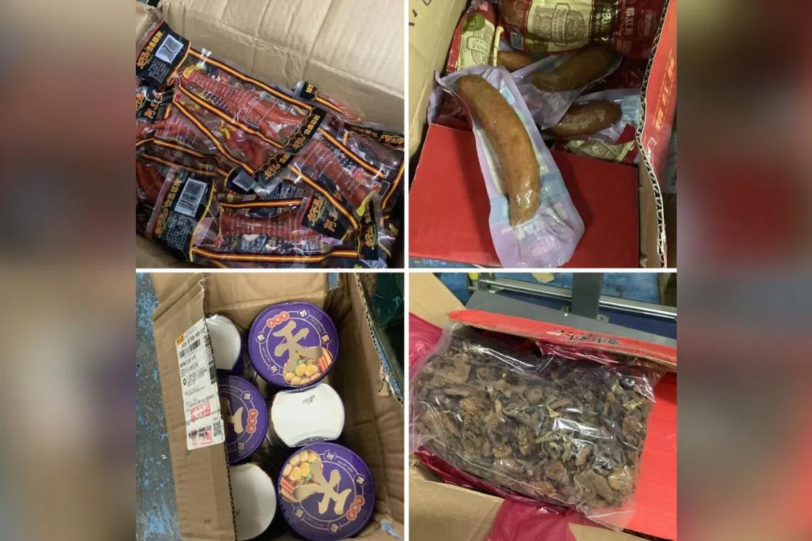 Items seized by Singapore Customs included animal blood products, chicken feet and sausages.