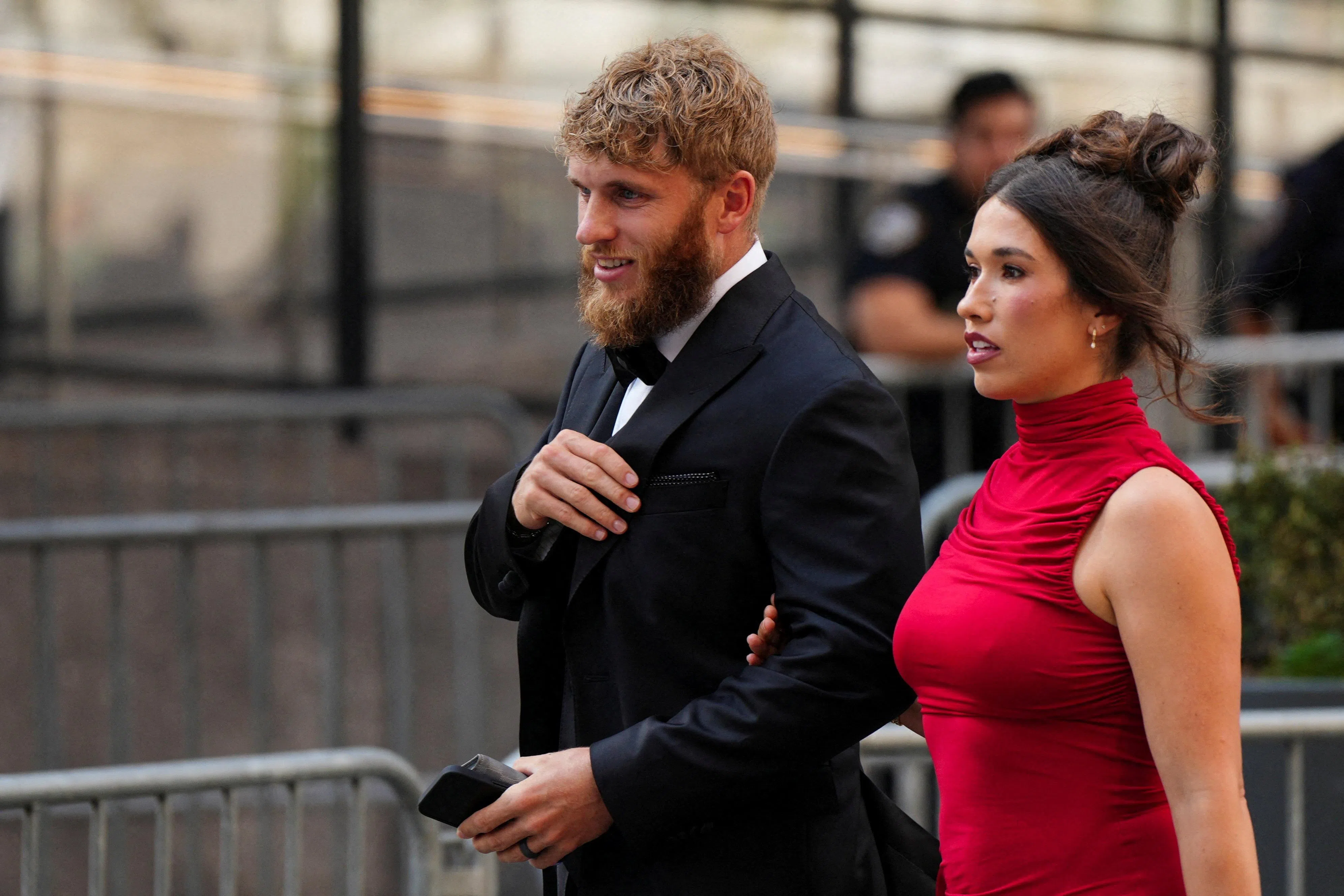 Seattle Seahawks player Cooper Kupp and his wife Anna Marie Kupp arrive at Madison Square Garden, the venue for the reported wedding celebrations of singer Taylor Swift and National Football League (NFL) player Travis Kelce, in New York, U.S., July 3, 2026.  REUTERS/Angelina Katsanis
