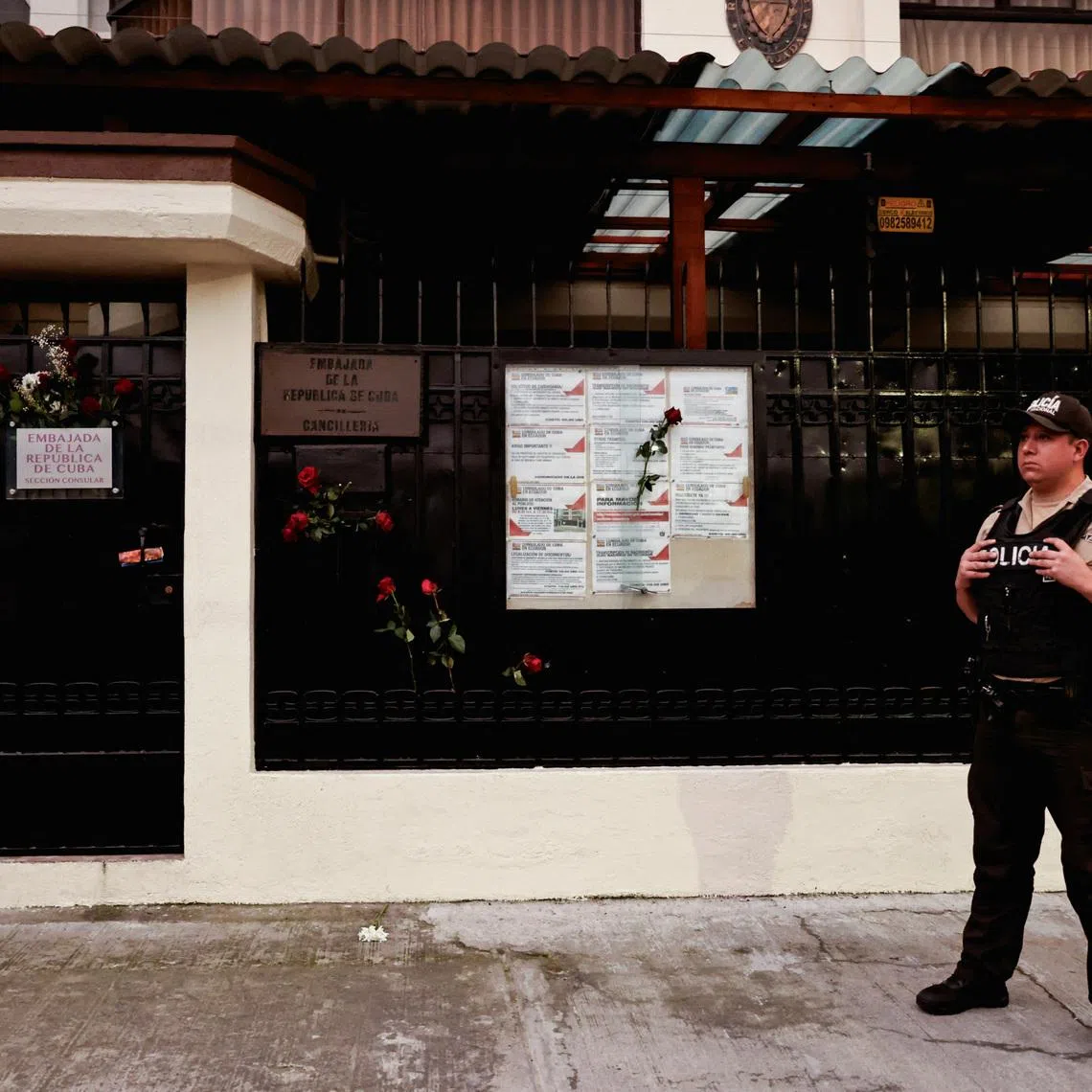 A police officer stands outside Cuba's embassy in Quito after Ecuador declared Cuban Ambassador Basilio Gutierrez and his diplomatic staff \"persona non grata,” giving them 48 hours to leave the country, according to the foreign ministry, in Quito, Ecuador, March 4, 2026. REUTERS/Karen Toro