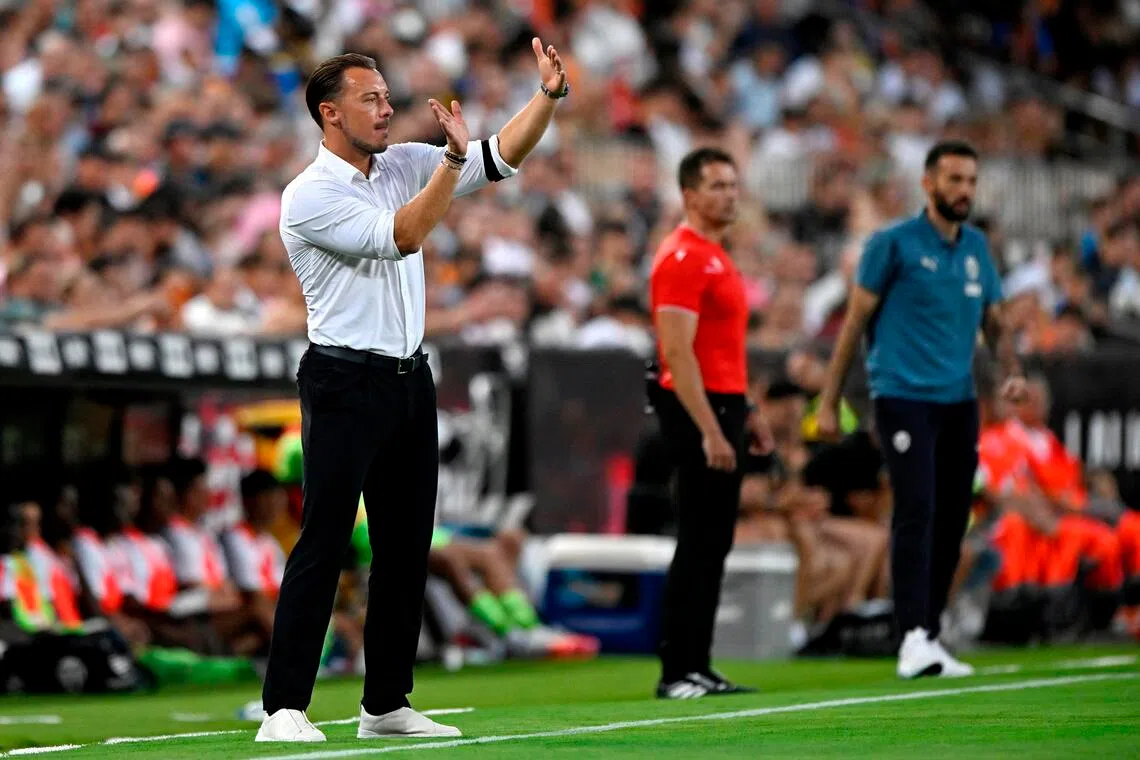 Newcastle United manager Matthias Jaissle gives instructions to his players during the pre-season friendly against Valencia at Estadio de Mestalla on Aug 8. The Magpies won 2-1.