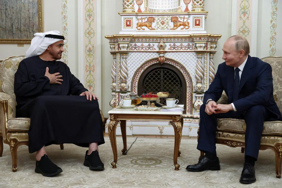 Russia's President Vladimir Putin attends a meeting with the United Arab Emirates' President Sheikh Mohamed bin Zayed Al Nahyan at the Novo-Ogaryovo state residence outside Moscow, Russia October 20, 2024. Sputnik/Artyom Geodakyan/Pool via REUTERS