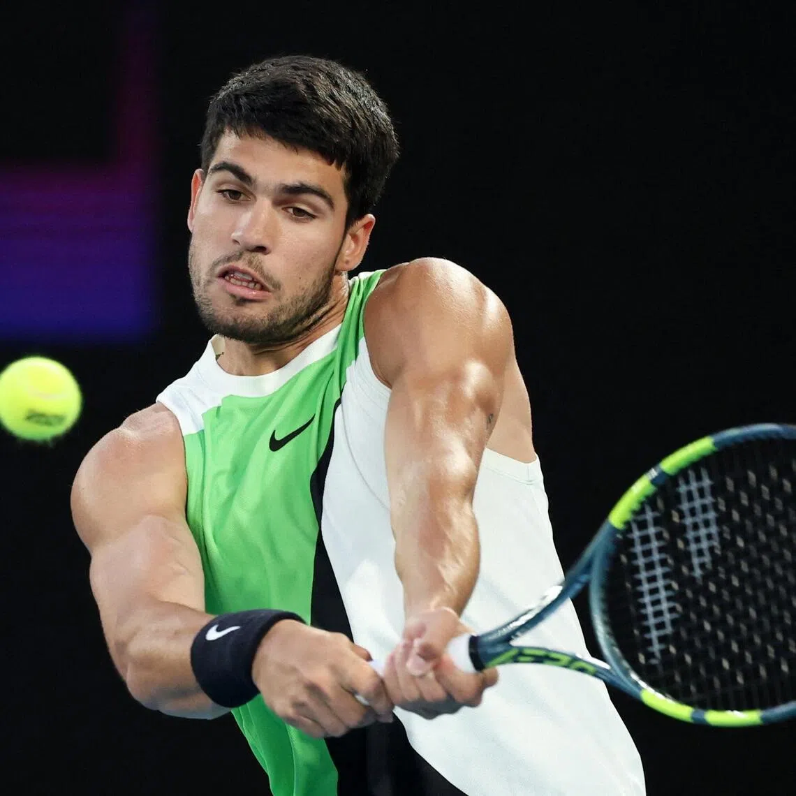 Spain's Carlos Alcaraz in action during his quarter final match against Australia's Alex De Minaur.