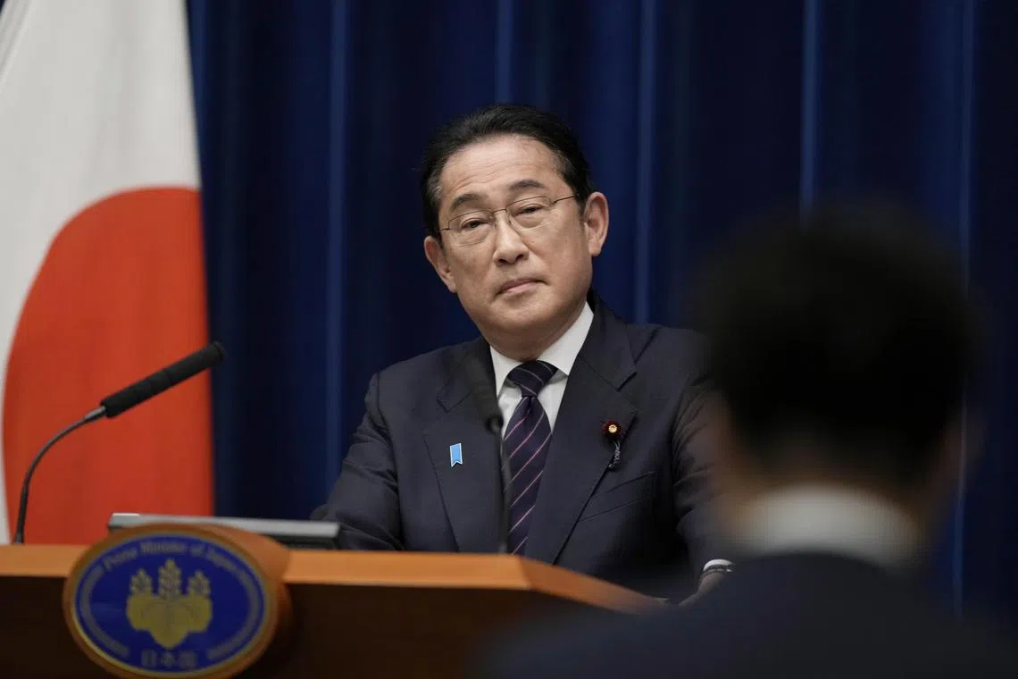 epa10703533 Japanese Prime Minister Fumio Kishida listens to a reporter's question during a news conference at the prime minister's office in Tokyo, Japan, 21 June 2023.  EPA-EFE/HIRO KOMAE / POOL